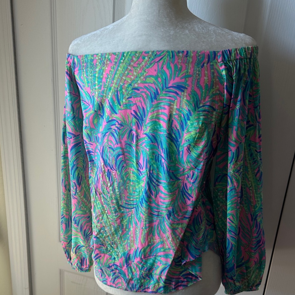 Lilly Pulitzer silk Pink and Green Off-Shoulder Blouse - Picture 4 of 8